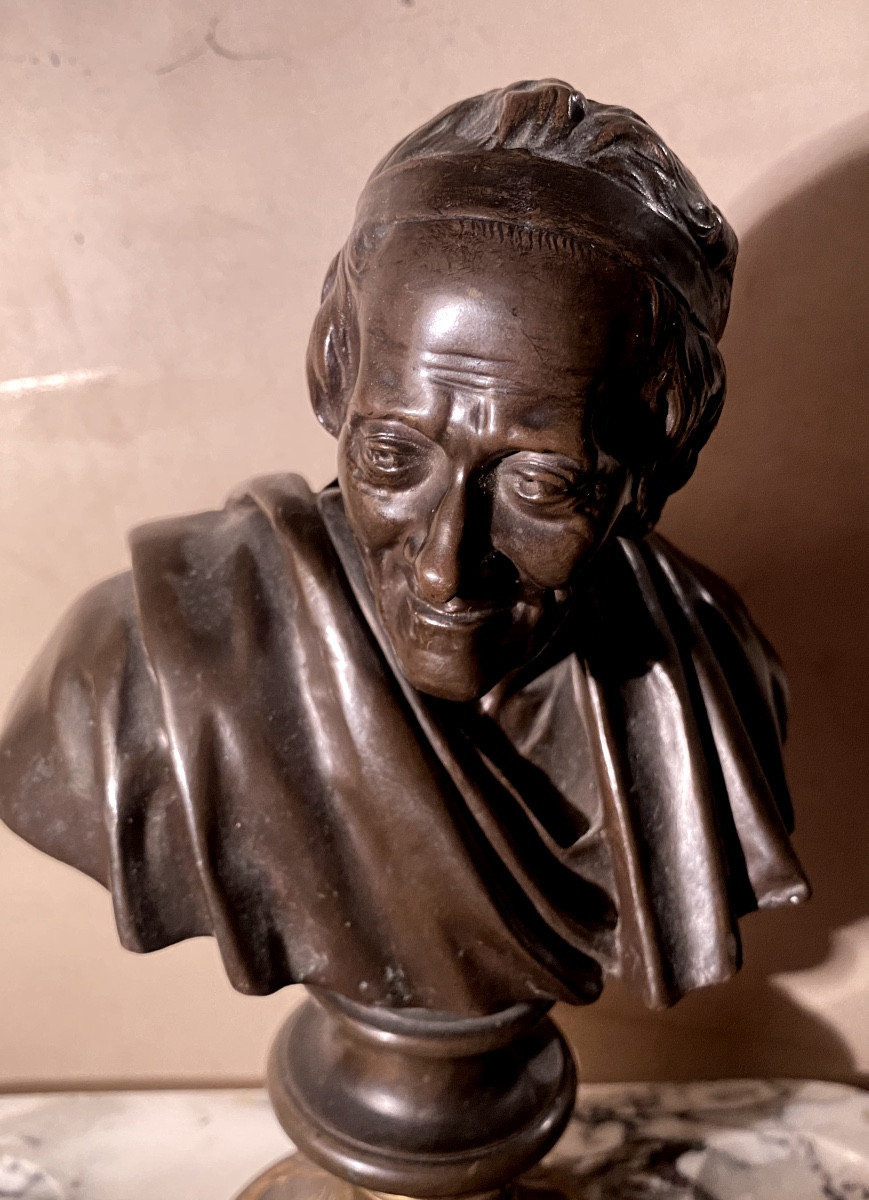 Trinket Tray: White Baroque Marble Veined With Grey, With A Bronze Bust Of Voltaire, Barbedienne, 19th Century-photo-2