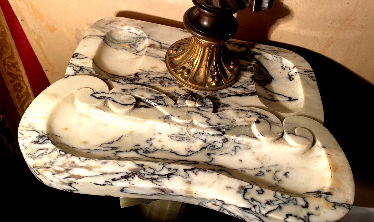 Trinket Tray: White Baroque Marble Veined With Grey, With A Bronze Bust Of Voltaire, Barbedienne, 19th Century-photo-3