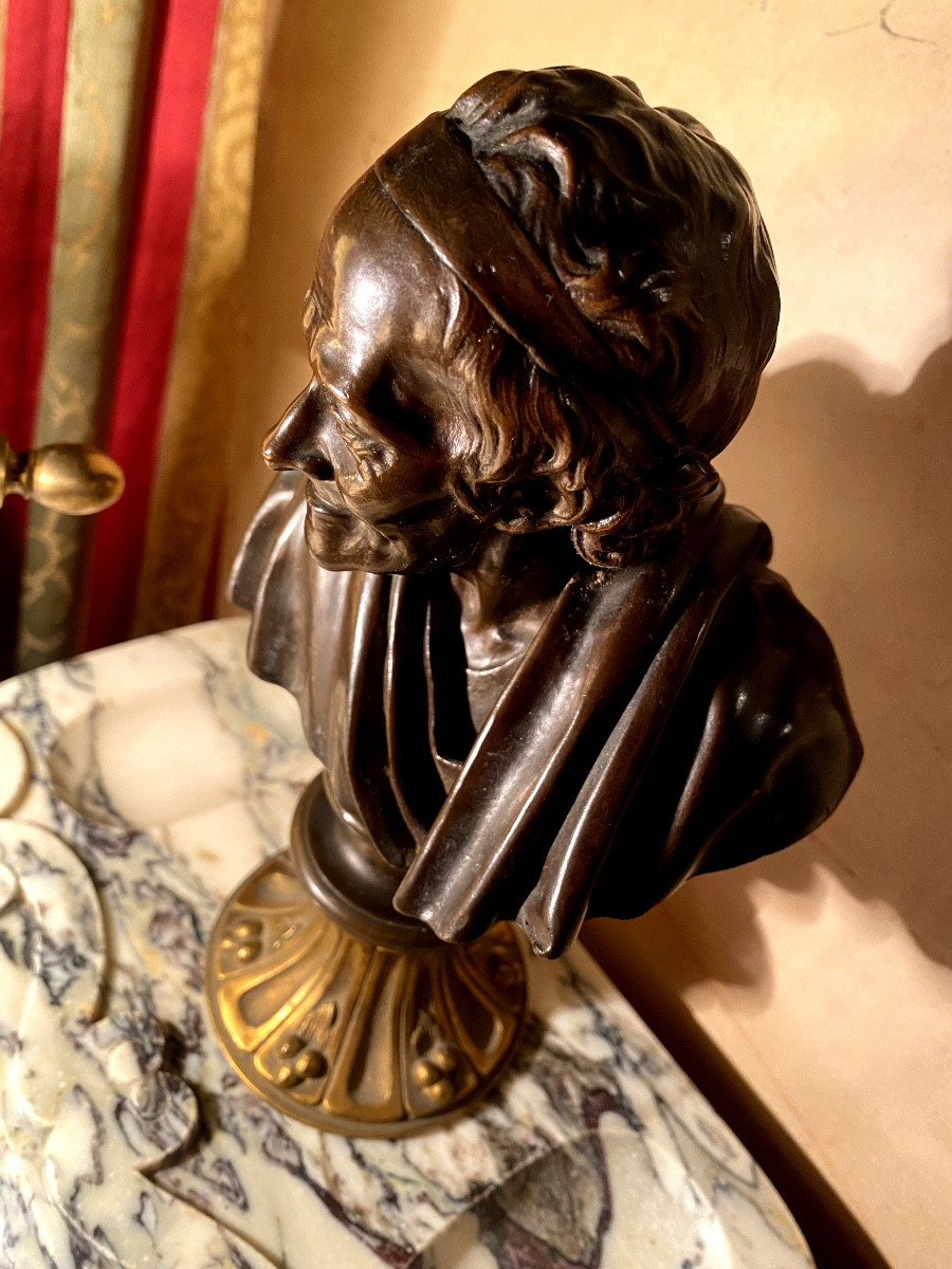 Trinket Tray: White Baroque Marble Veined With Grey, With A Bronze Bust Of Voltaire, Barbedienne, 19th Century-photo-4