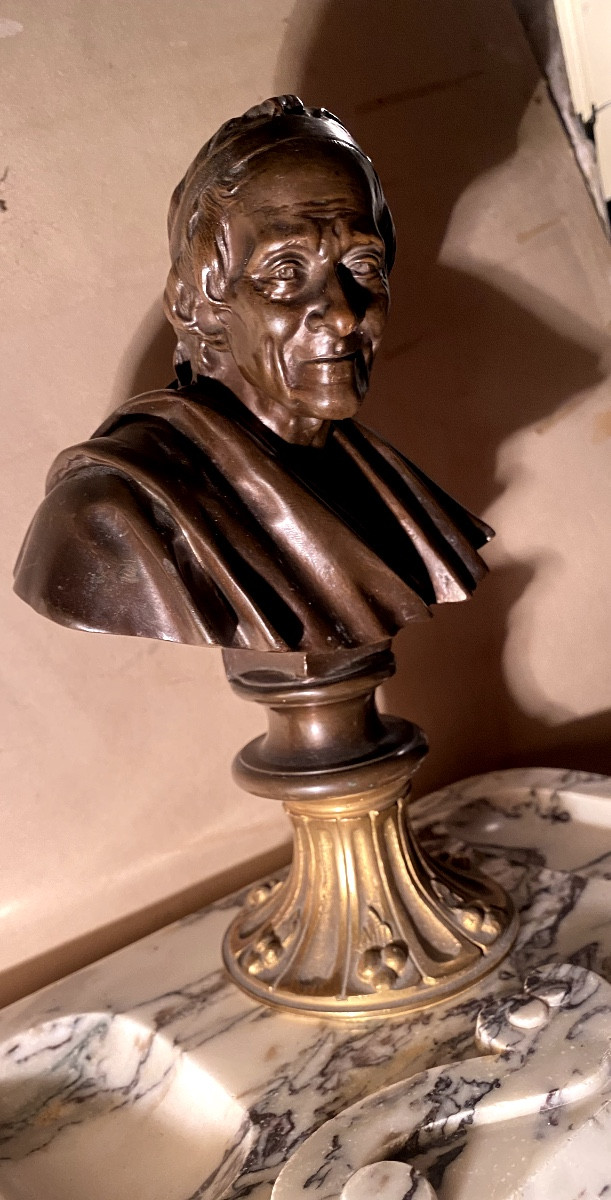 Trinket Tray: White Baroque Marble Veined With Grey, With A Bronze Bust Of Voltaire, Barbedienne, 19th Century-photo-1