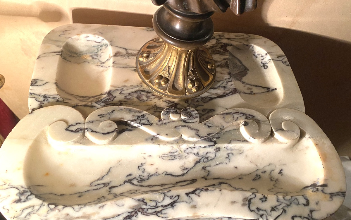 Trinket Tray: White Baroque Marble Veined With Grey, With A Bronze Bust Of Voltaire, Barbedienne, 19th Century-photo-2