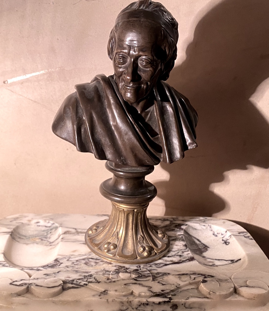 Trinket Tray: White Baroque Marble Veined With Grey, With A Bronze Bust Of Voltaire, Barbedienne, 19th Century-photo-5