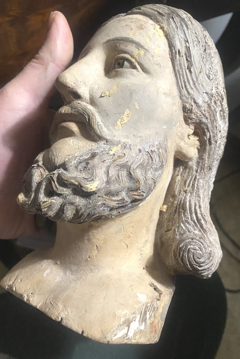  Large And Expressive Polychrome Wooden Head Of Christ, 18th Century, With Sulphide Eyes -photo-3