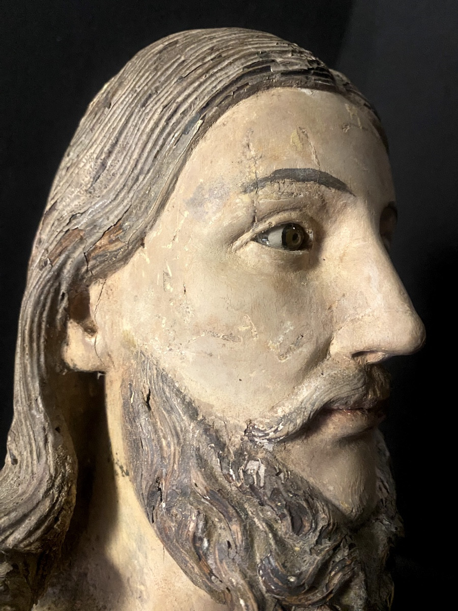  Large And Expressive Polychrome Wooden Head Of Christ, 18th Century, With Sulphide Eyes -photo-5
