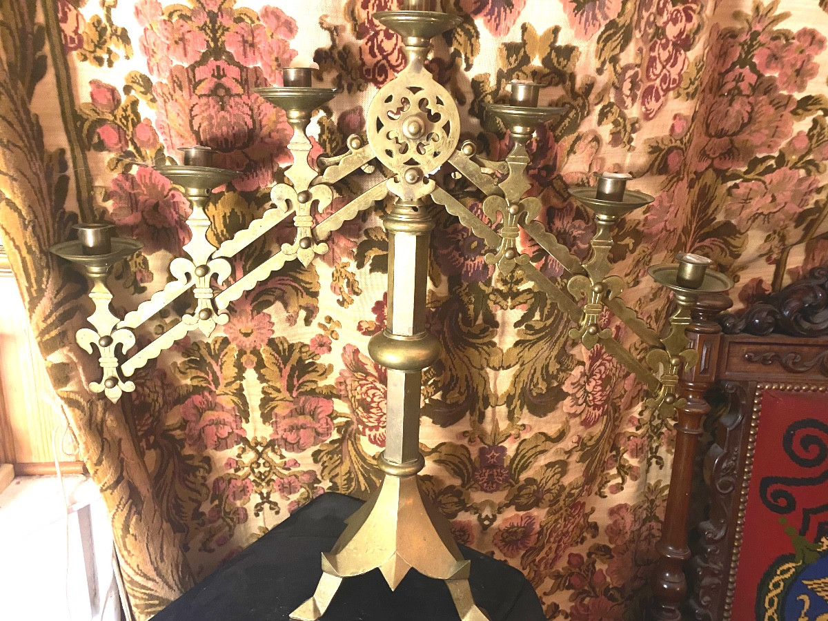 Rare And Unusual Solid Bronze Chandelier: Late 19th Century Orthodox Style With Adjustable Mechanical Arms-photo-2