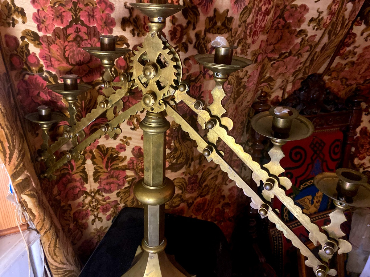 Rare And Unusual Solid Bronze Chandelier: Late 19th Century Orthodox Style With Adjustable Mechanical Arms-photo-4