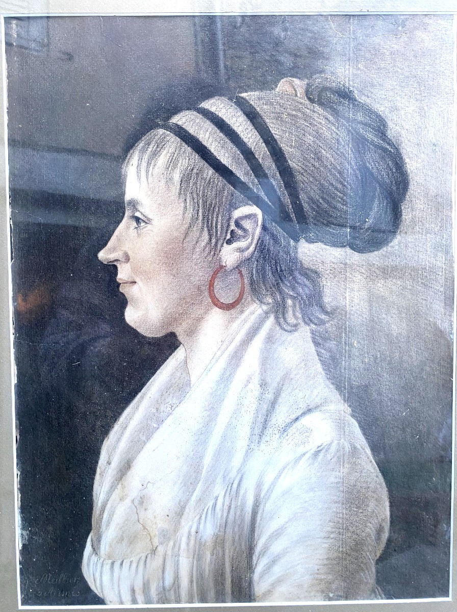 Grand portrait de Dame de profil  fin XVIIIème de R. Meillier  Artiste Reimois au trois crayons-photo-2