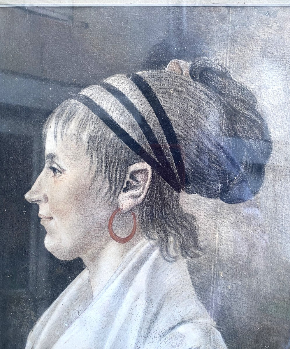 Grand portrait de Dame de profil  fin XVIIIème de R. Meillier  Artiste Reimois au trois crayons-photo-4