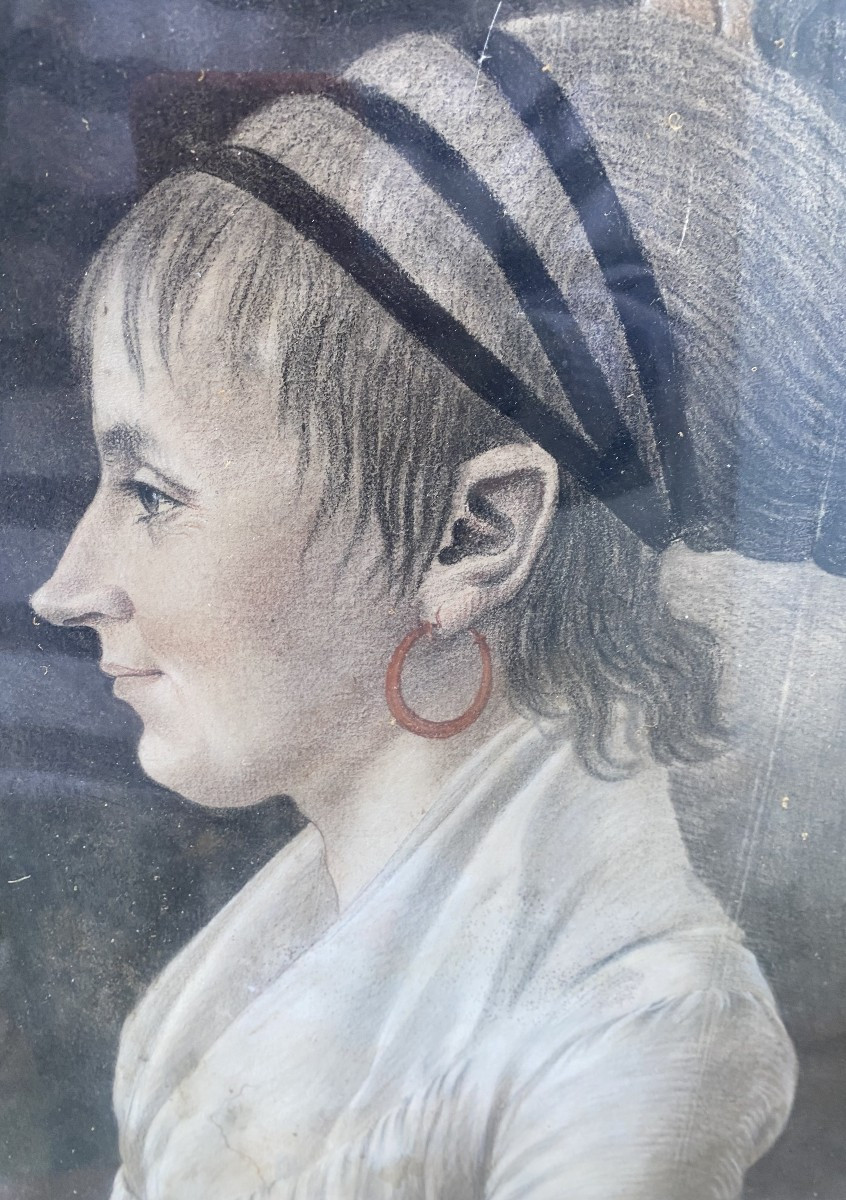 Grand portrait de Dame de profil  fin XVIIIème de R. Meillier  Artiste Reimois au trois crayons-photo-2