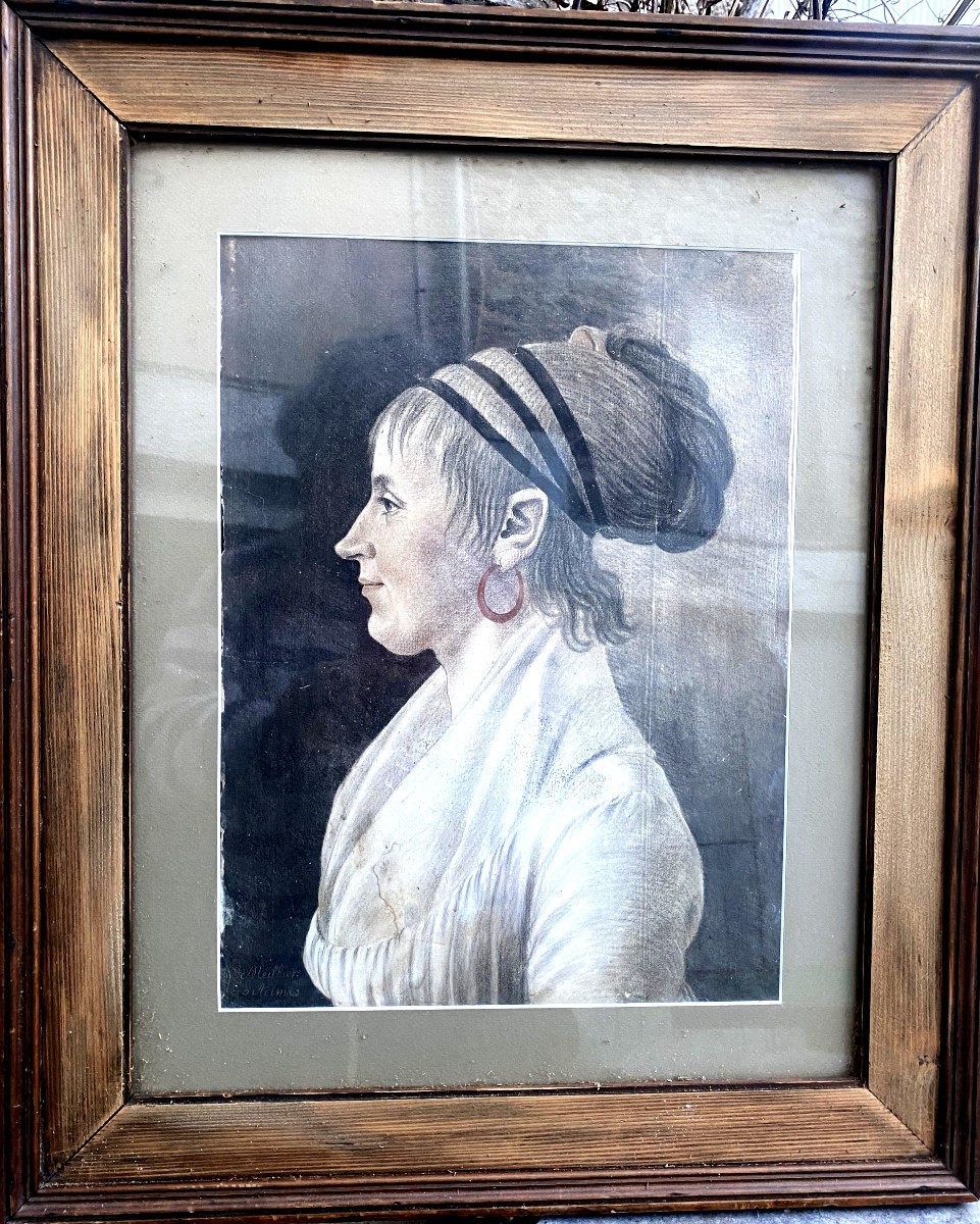 Grand portrait de Dame de profil  fin XVIIIème de R. Meillier  Artiste Reimois au trois crayons-photo-5