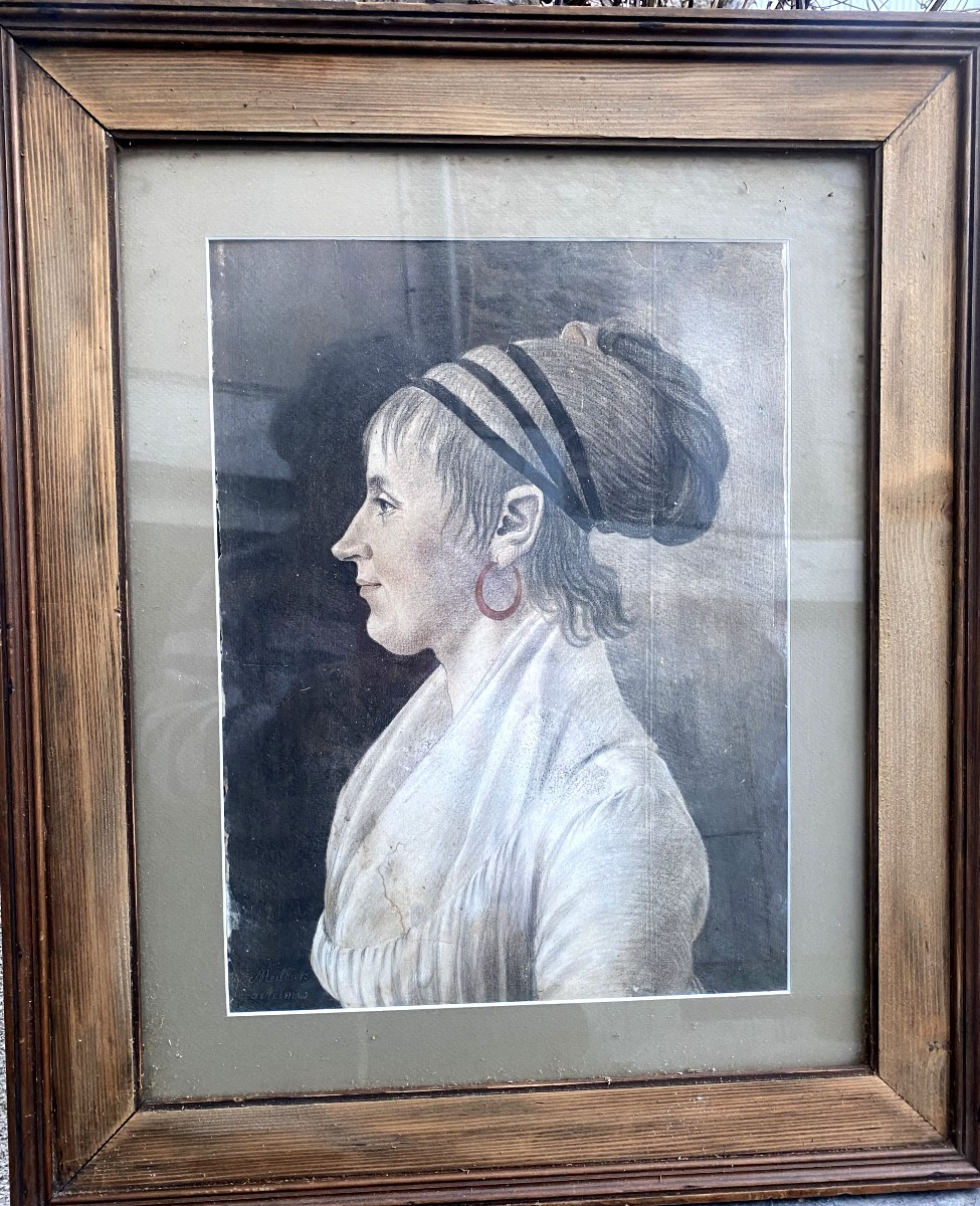 Grand portrait de Dame de profil  fin XVIIIème de R. Meillier  Artiste Reimois au trois crayons-photo-8
