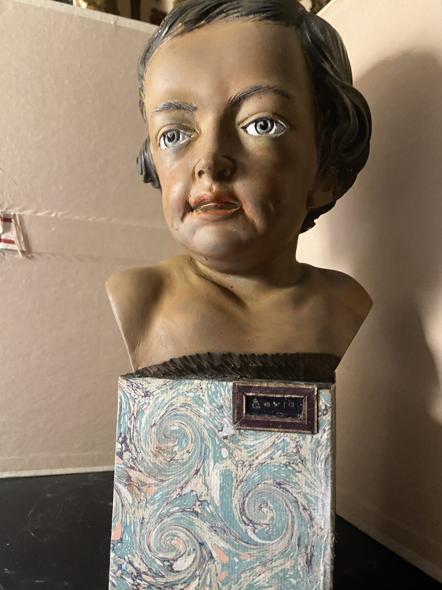 Head Of A Cherub, Carved Polychrome Fruitwood On A Marbled Paper Base, Signed Bovio, Italy, 20th Century-photo-2