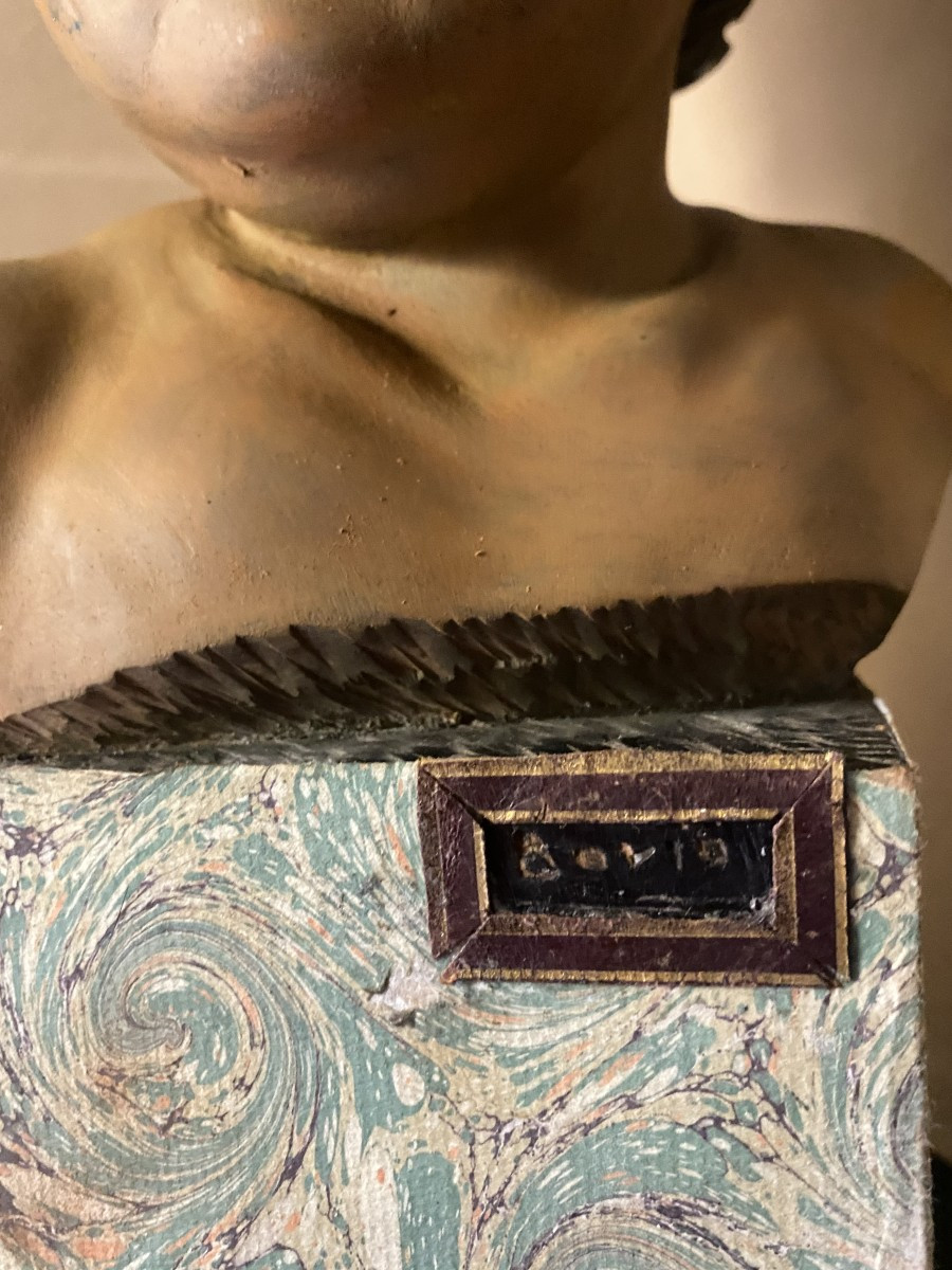 Head Of A Cherub, Carved Polychrome Fruitwood On A Marbled Paper Base, Signed Bovio, Italy, 20th Century-photo-3