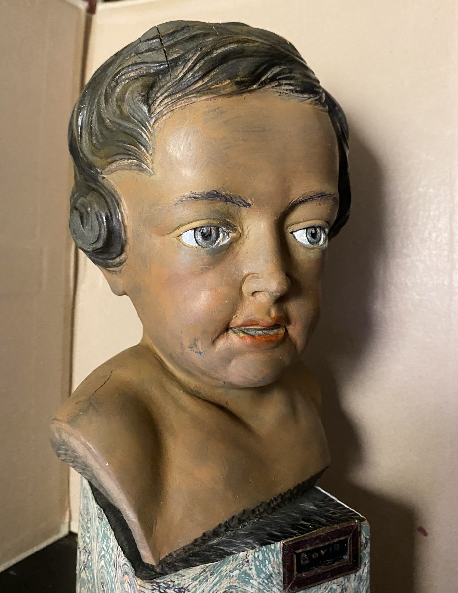 Head Of A Cherub, Carved Polychrome Fruitwood On A Marbled Paper Base, Signed Bovio, Italy, 20th Century-photo-4