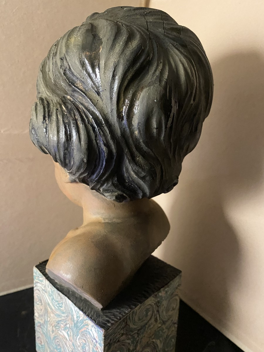Head Of A Cherub, Carved Polychrome Fruitwood On A Marbled Paper Base, Signed Bovio, Italy, 20th Century-photo-1