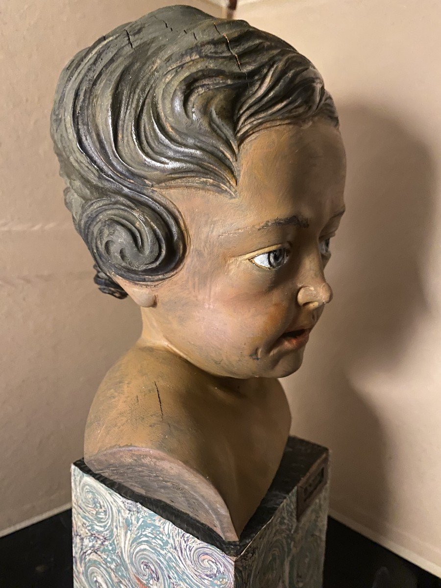 Head Of A Cherub, Carved Polychrome Fruitwood On A Marbled Paper Base, Signed Bovio, Italy, 20th Century-photo-2