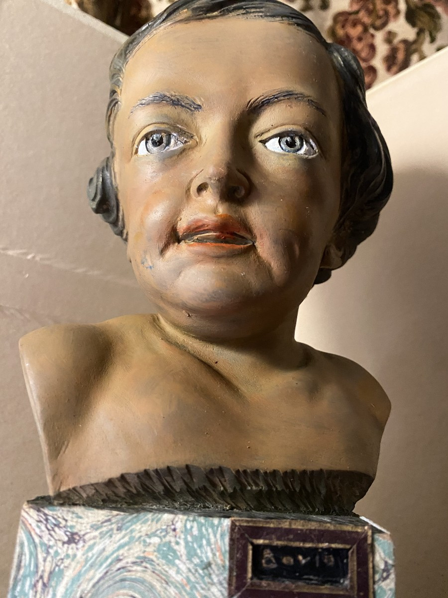 Head Of A Cherub, Carved Polychrome Fruitwood On A Marbled Paper Base, Signed Bovio, Italy, 20th Century-photo-3