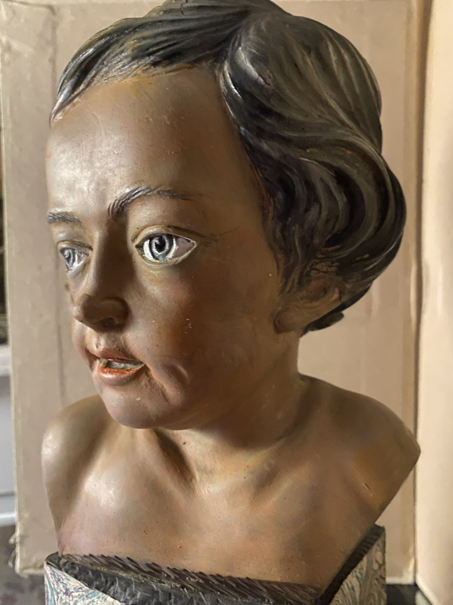 Head Of A Cherub, Carved Polychrome Fruitwood On A Marbled Paper Base, Signed Bovio, Italy, 20th Century-photo-4