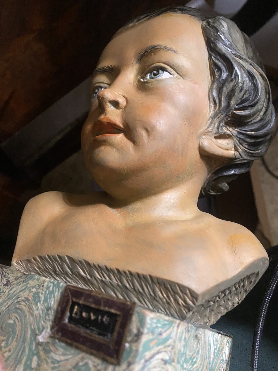 Head Of A Cherub, Carved Polychrome Fruitwood On A Marbled Paper Base, Signed Bovio, Italy, 20th Century-photo-6