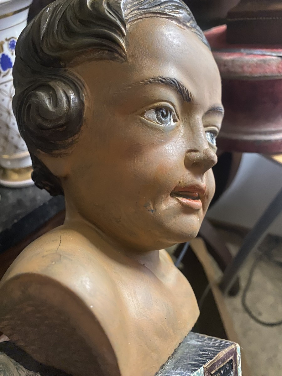 Head Of A Cherub, Carved Polychrome Fruitwood On A Marbled Paper Base, Signed Bovio, Italy, 20th Century-photo-7