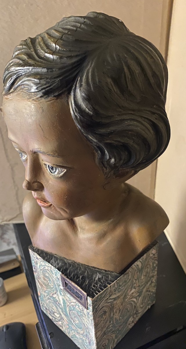 Head Of A Cherub, Carved Polychrome Fruitwood On A Marbled Paper Base, Signed Bovio, Italy, 20th Century-photo-8