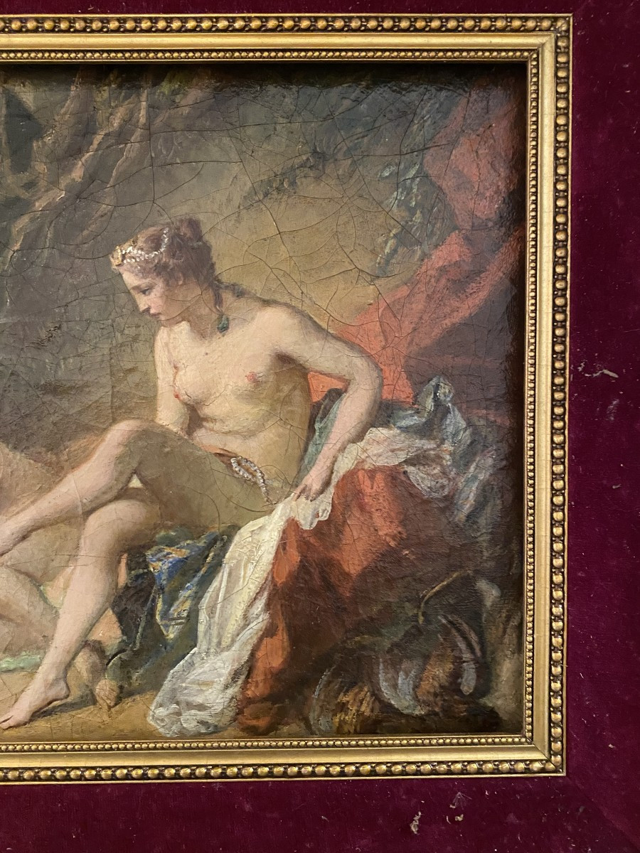 Belle huile sur toile XVIIIème encadrée d'une "Diane Sortant du bain" d'après François Boucher-photo-1