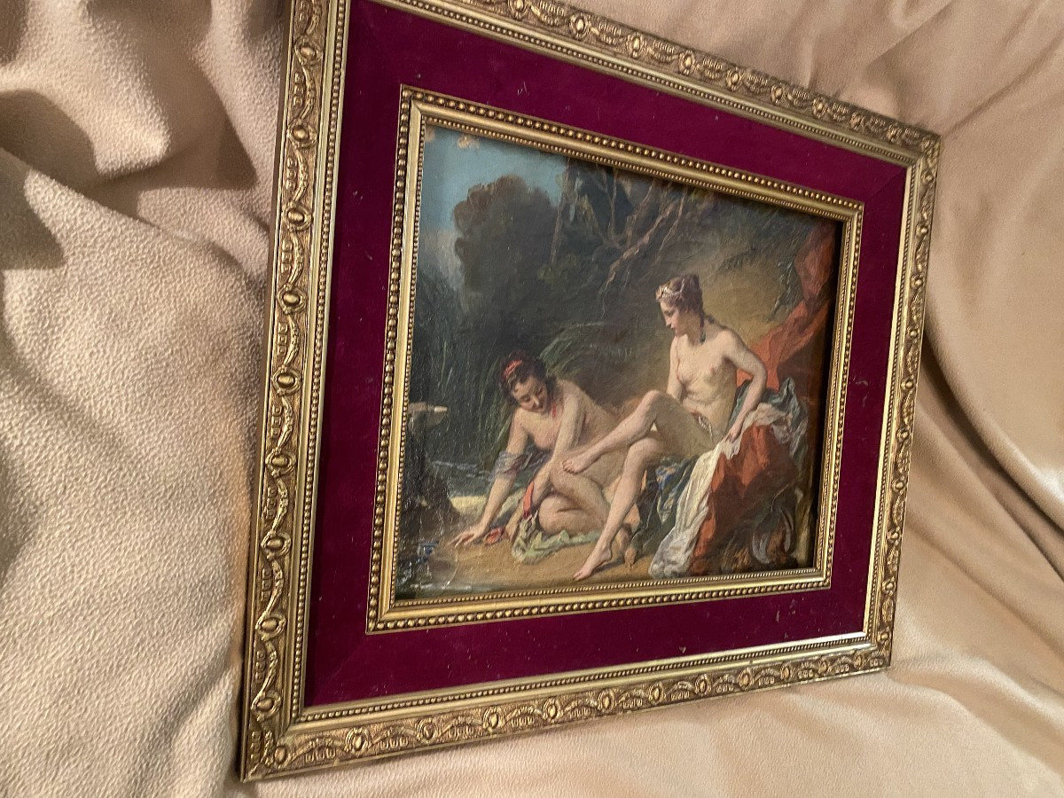Belle huile sur toile XVIIIème encadrée d'une "Diane Sortant du bain" d'après François Boucher-photo-3