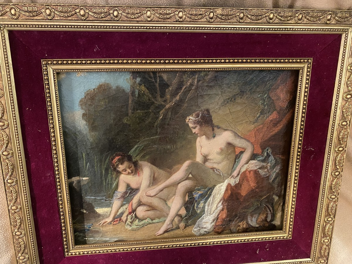 Belle huile sur toile XVIIIème encadrée d'une "Diane Sortant du bain" d'après François Boucher-photo-8