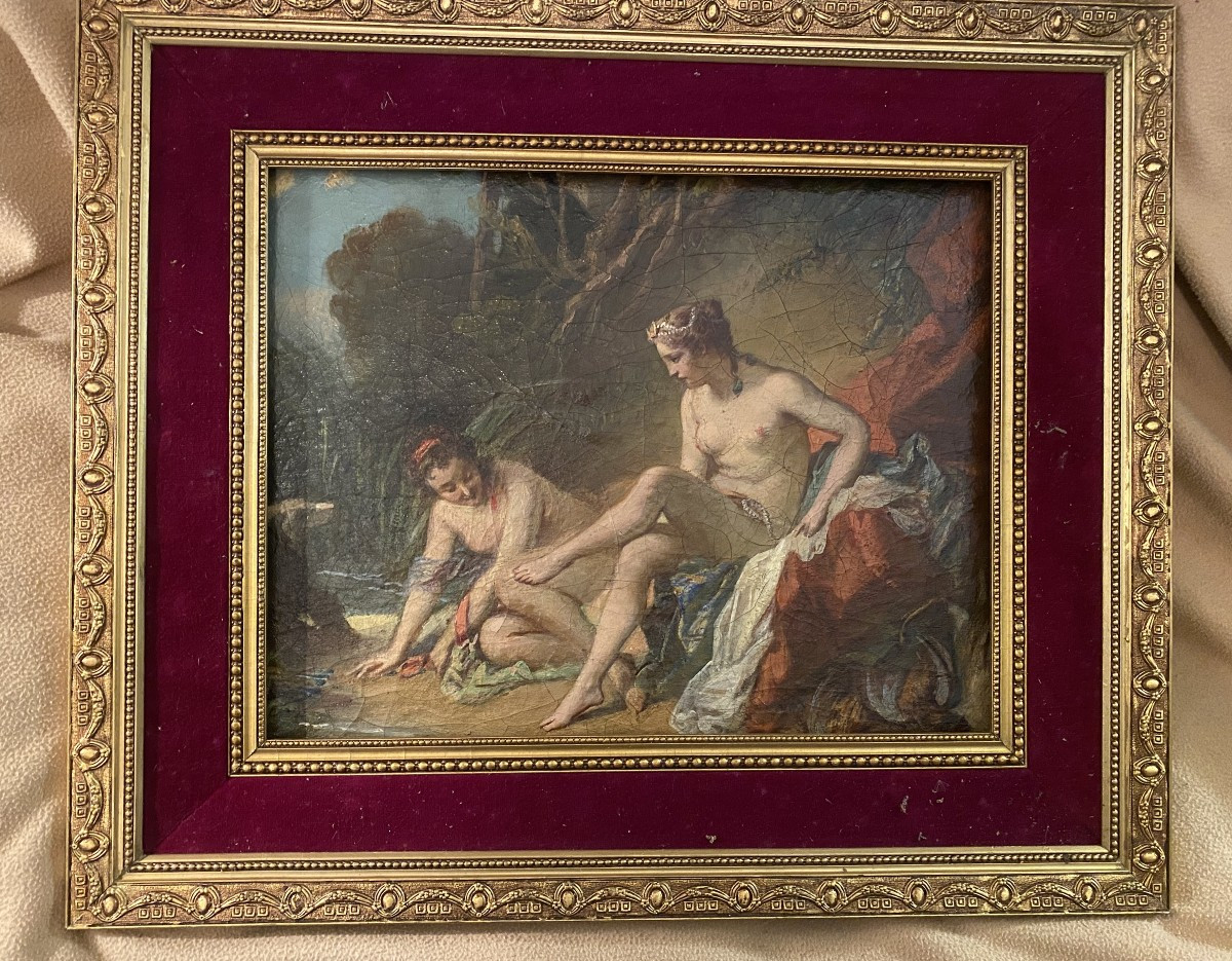 Belle huile sur toile XVIIIème encadrée d'une "Diane Sortant du bain" d'après François Boucher
