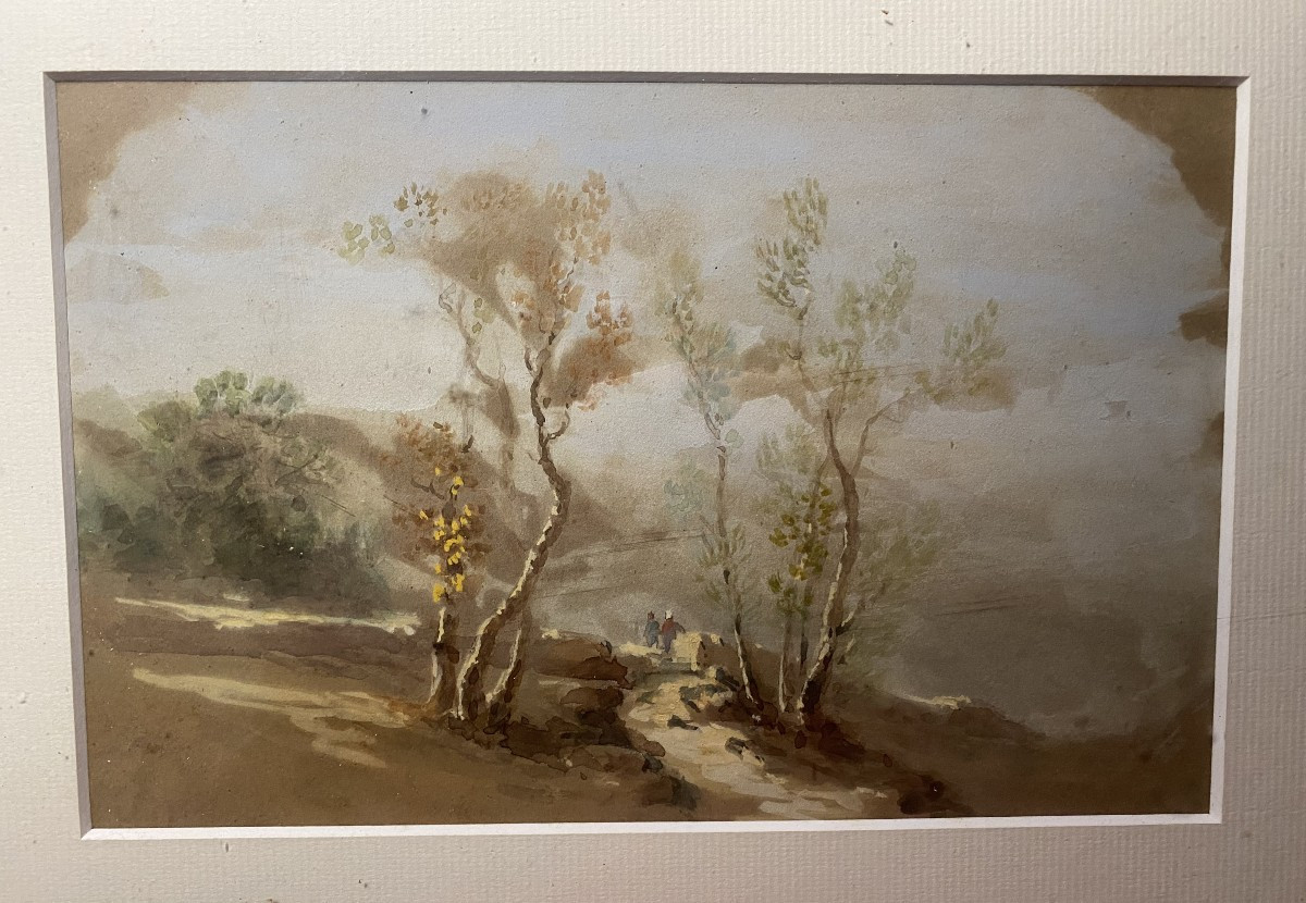  Fine Gouache  papier bistre , encadrée : paysage au chemin entre les bouleaux avec personnages-photo-2