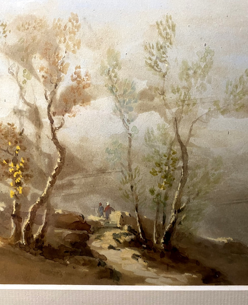  Fine Gouache  papier bistre , encadrée : paysage au chemin entre les bouleaux avec personnages-photo-3