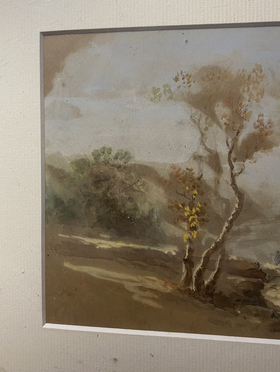  Fine Gouache  papier bistre , encadrée : paysage au chemin entre les bouleaux avec personnages-photo-4