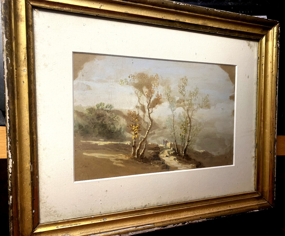 Fine Gouache  papier bistre , encadrée : paysage au chemin entre les bouleaux avec personnages-photo-1