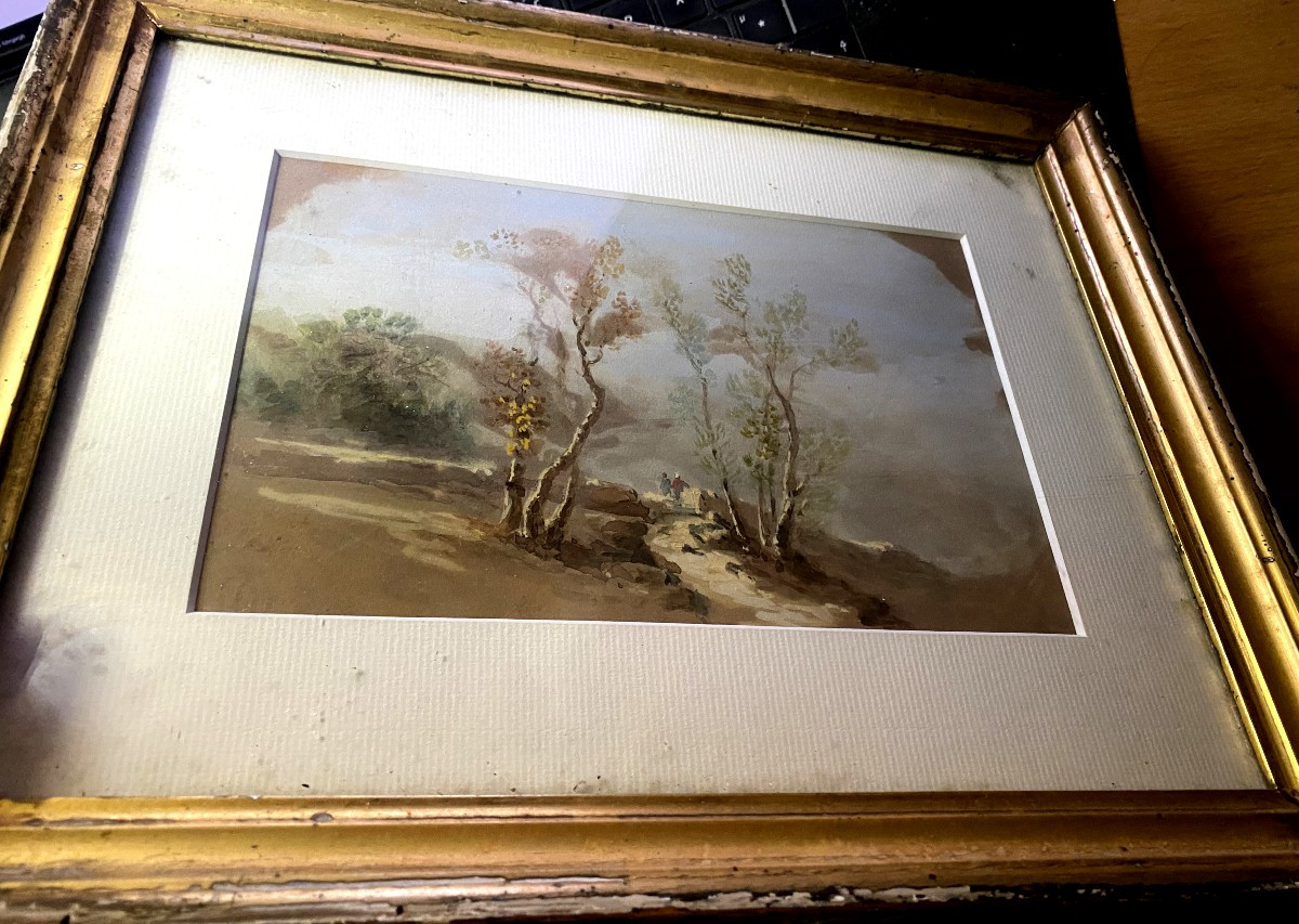  Fine Gouache  papier bistre , encadrée : paysage au chemin entre les bouleaux avec personnages-photo-2