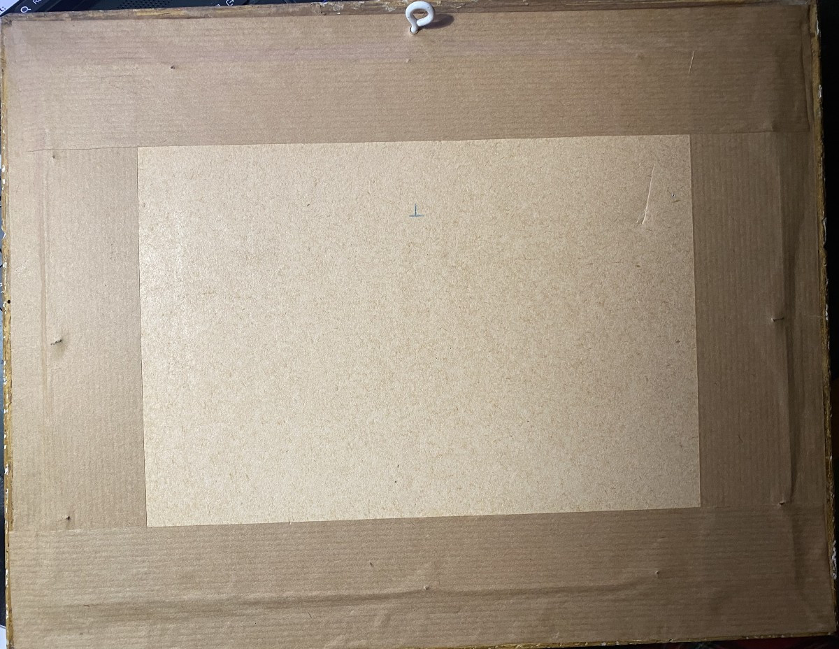  Fine Gouache  papier bistre , encadrée : paysage au chemin entre les bouleaux avec personnages-photo-3