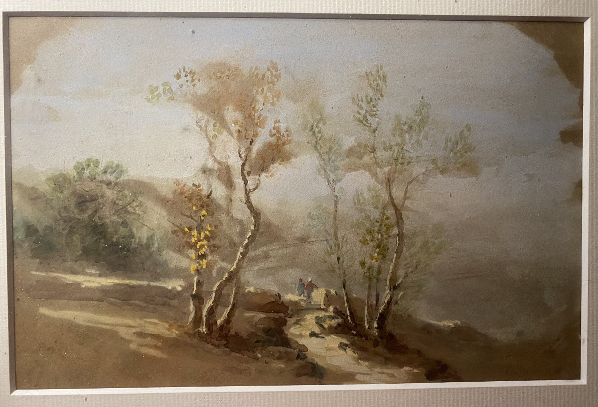  Fine Gouache  papier bistre , encadrée : paysage au chemin entre les bouleaux avec personnages-photo-4