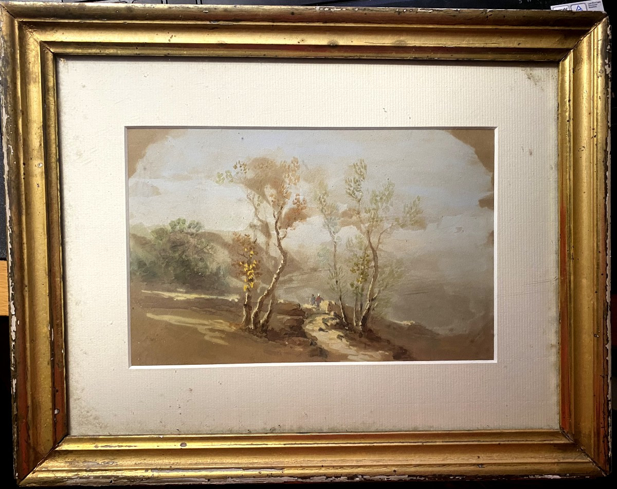  Fine Gouache  papier bistre , encadrée : paysage au chemin entre les bouleaux avec personnages-photo-5