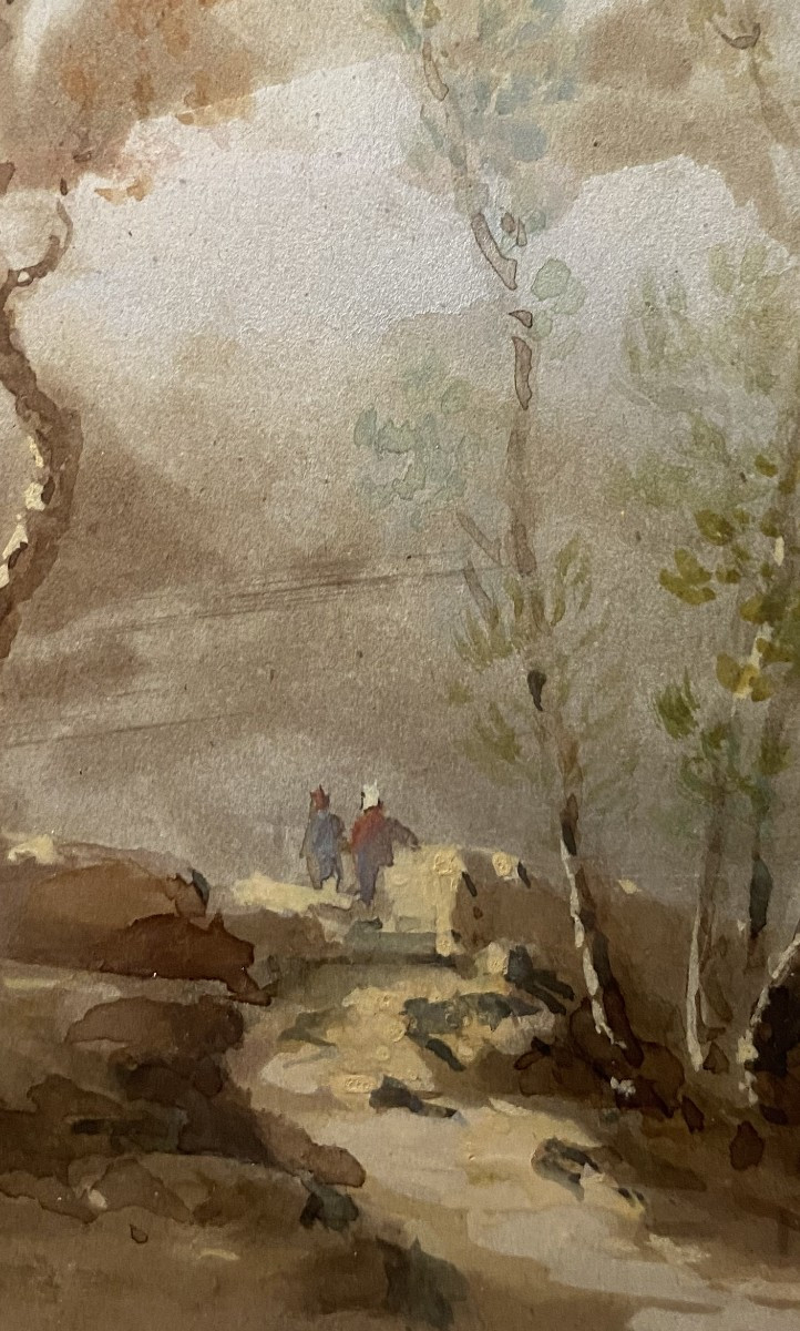 Fine Gouache  papier bistre , encadrée : paysage au chemin entre les bouleaux avec personnages-photo-6
