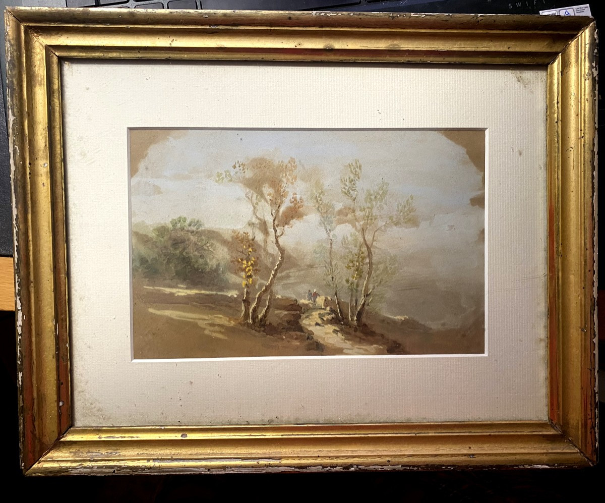  Fine Gouache  papier bistre , encadrée : paysage au chemin entre les bouleaux avec personnages