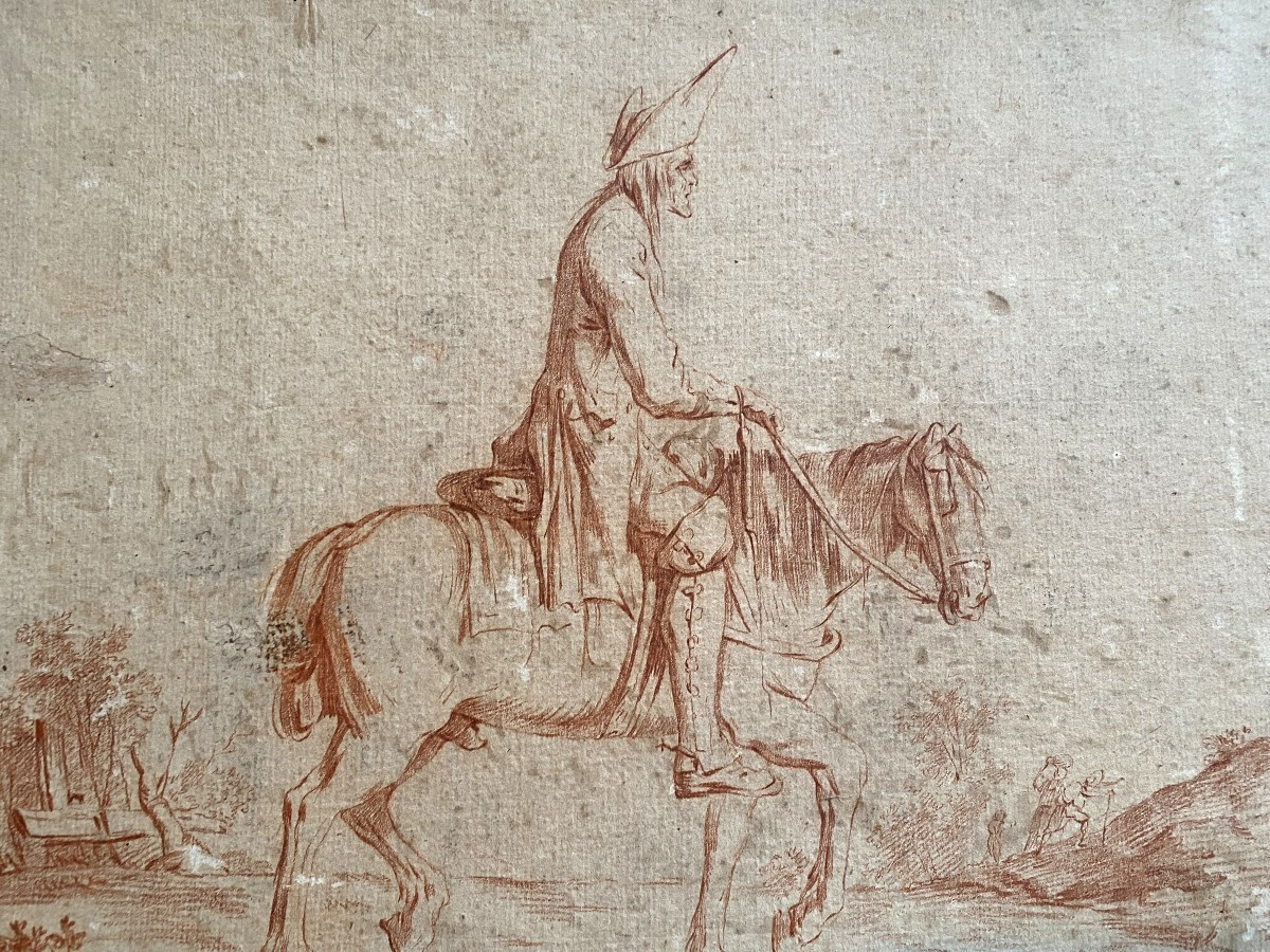 Original 18th-century Sanguine Drawing Attributed To Debucourt: "the Traveler And His Mount", 18th-century Gilt Frame-photo-3