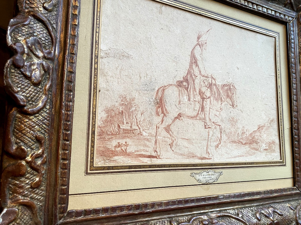 Original 18th-century Sanguine Drawing Attributed To Debucourt: "the Traveler And His Mount", 18th-century Gilt Frame-photo-4
