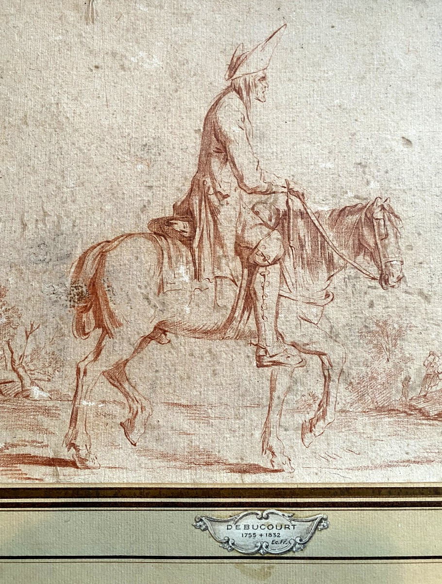 Original 18th-century Sanguine Drawing Attributed To Debucourt: "the Traveler And His Mount", 18th-century Gilt Frame-photo-6