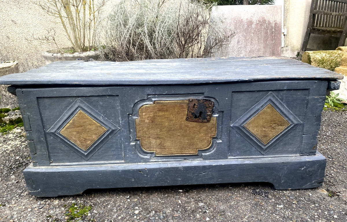 Coffre de montagne en bois blanc XVIIIème à panneaux ressortis et bien ornementé sur les cotés-photo-2