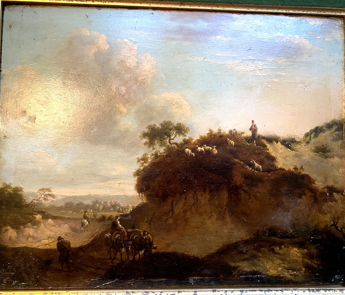  Beau Paysage Animé , fine huile sur chêne du Peintre J. Wynants Fc. 1661 , dans son cadre doré-photo-2