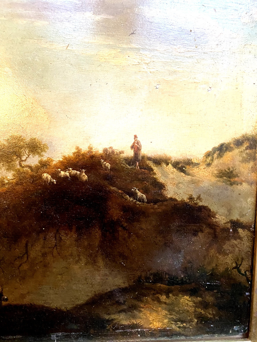  Beau Paysage Animé , fine huile sur chêne du Peintre J. Wynants Fc. 1661 , dans son cadre doré-photo-3