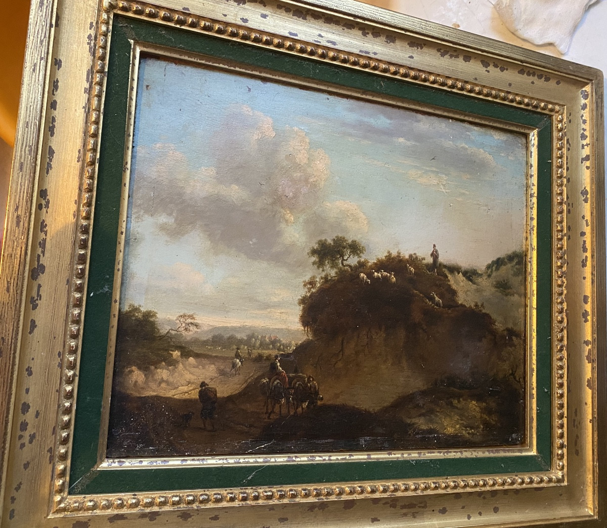  Beau Paysage Animé , fine huile sur chêne du Peintre J. Wynants Fc. 1661 , dans son cadre doré-photo-2