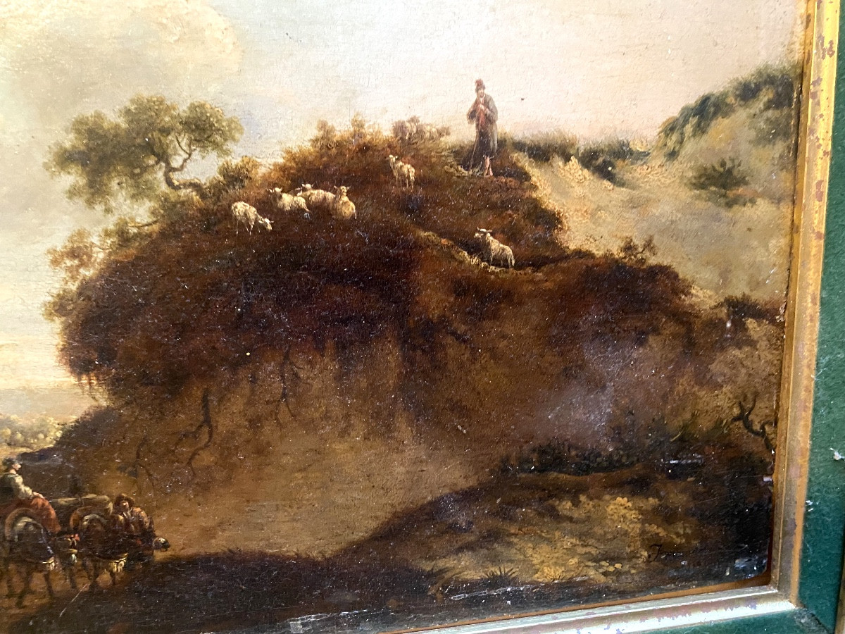  Beau Paysage Animé , fine huile sur chêne du Peintre J. Wynants Fc. 1661 , dans son cadre doré-photo-4