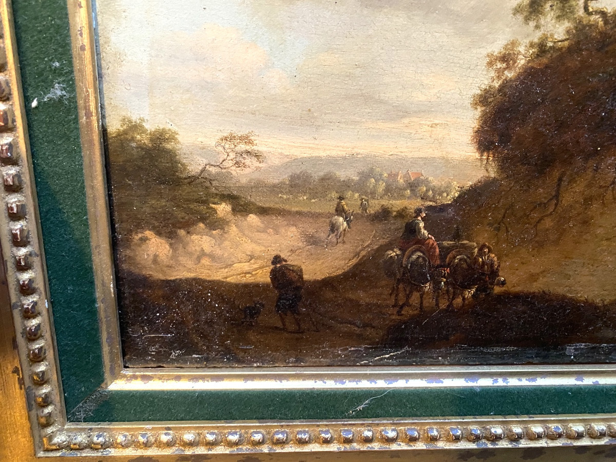  Beau Paysage Animé , fine huile sur chêne du Peintre J. Wynants Fc. 1661 , dans son cadre doré-photo-6