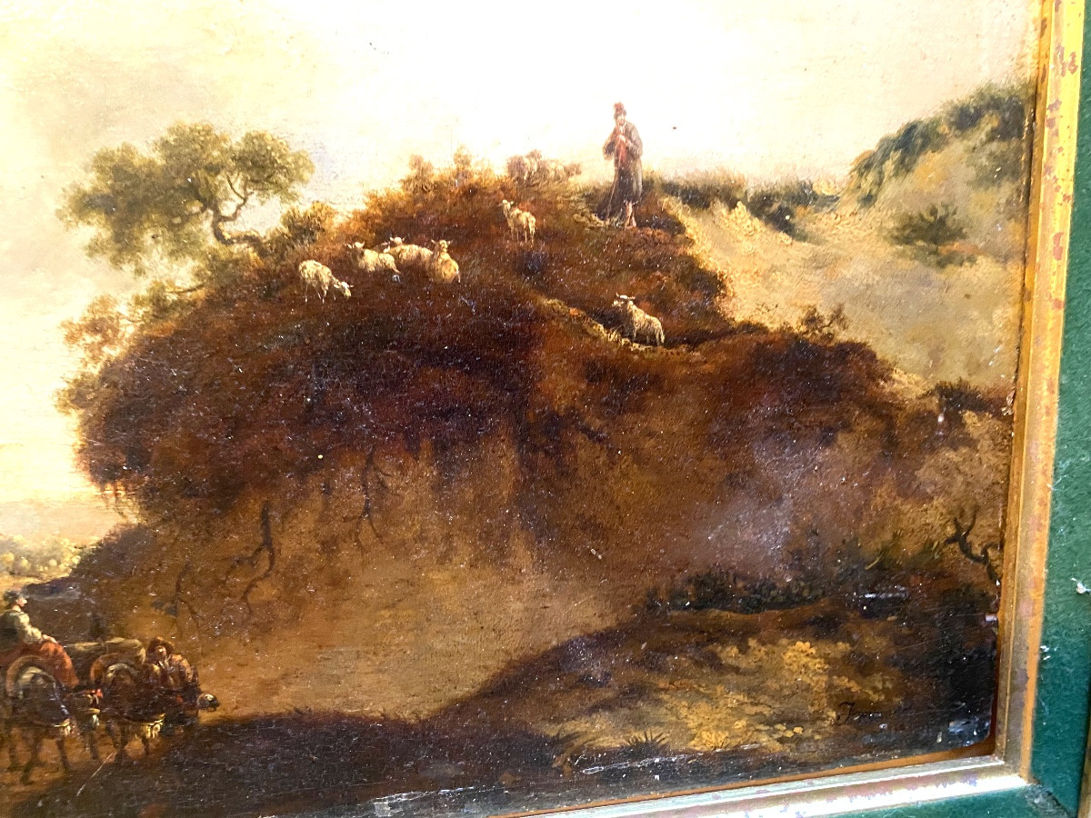  Beau Paysage Animé , fine huile sur chêne du Peintre J. Wynants Fc. 1661 , dans son cadre doré-photo-7