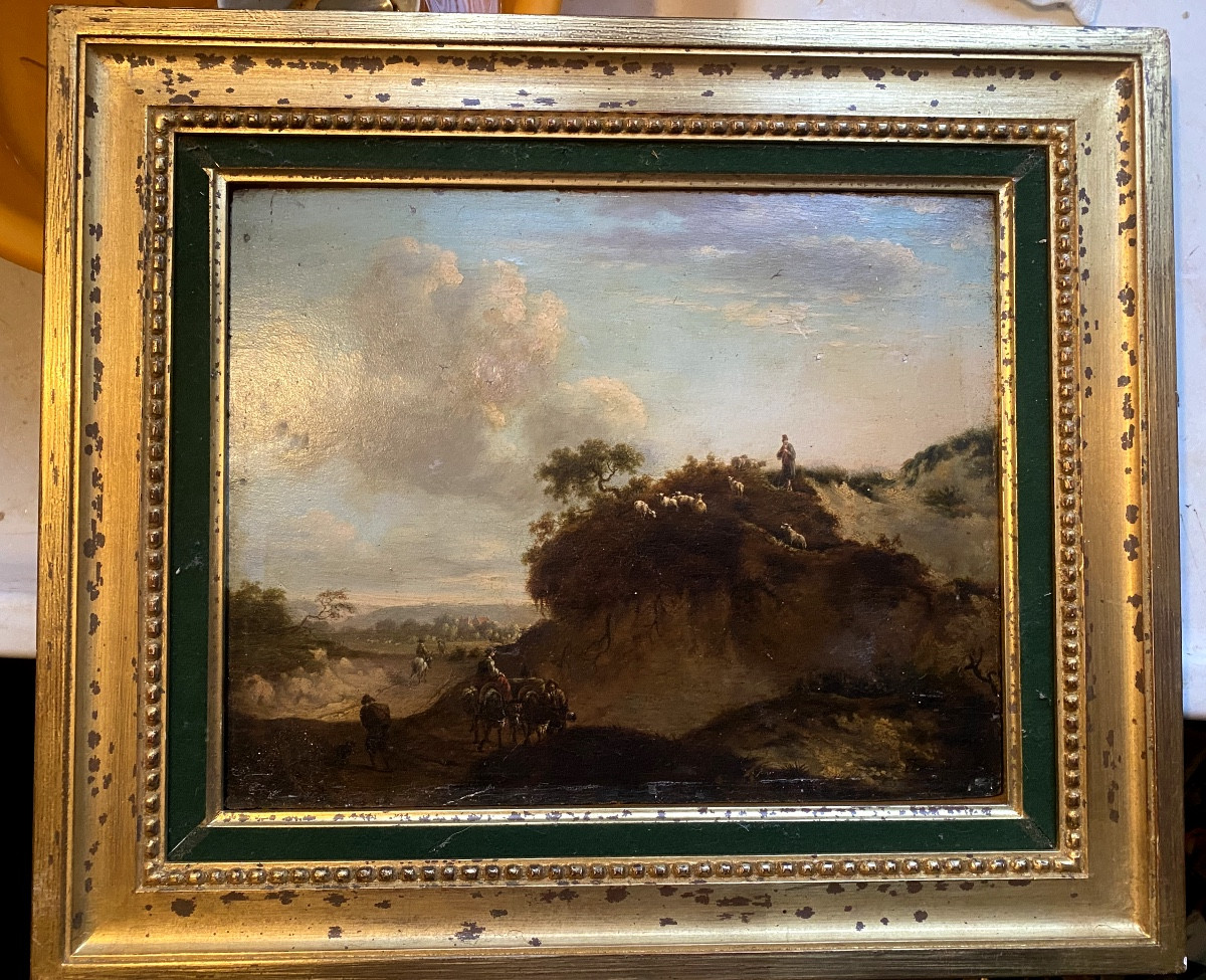  Beau Paysage Animé , fine huile sur chêne du Peintre J. Wynants Fc. 1661 , dans son cadre doré-photo-8